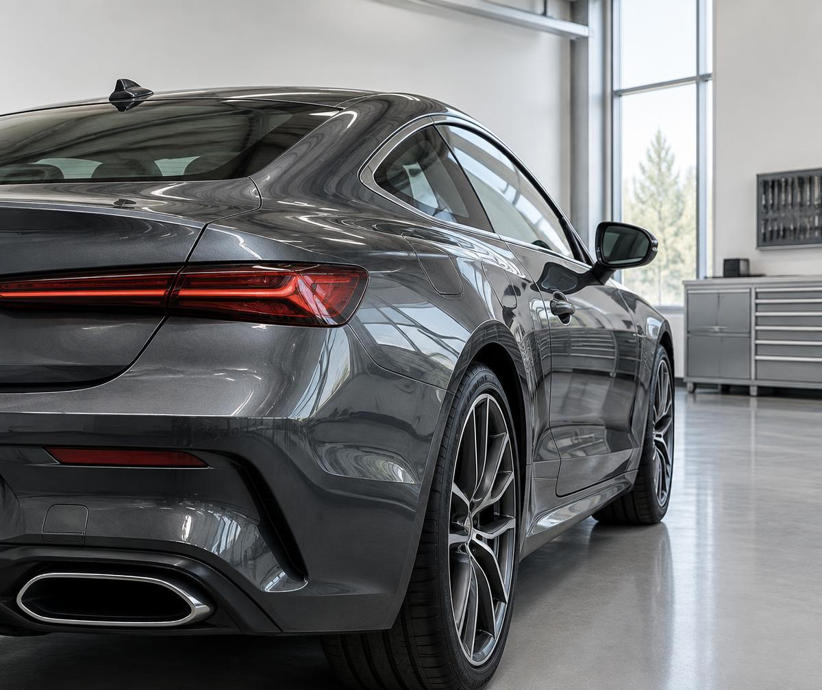 Lignes de carrosserie d’un véhicule graphite dans un atelier lumineux